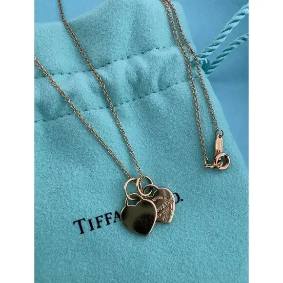 Return Tiffany & Co. 18k Gold MINI Double Heart Tag Pendant Necklace 18” READ - Picture 3 of 12